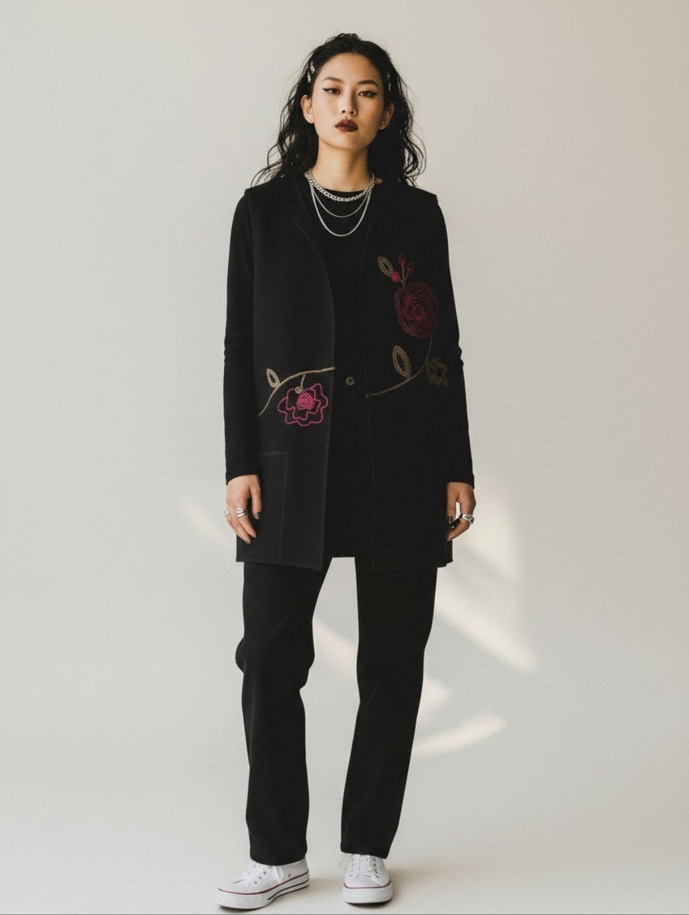 Black Embroidered Floral Wool Vest